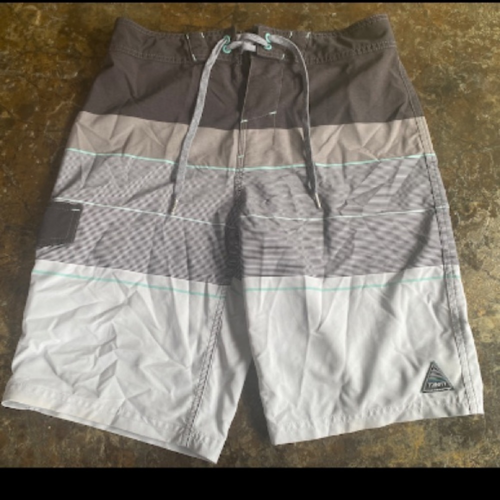 EUC Trinity Board Shorts Mens Stretch Charcoal Gray Striped Trunks 28 bottoms